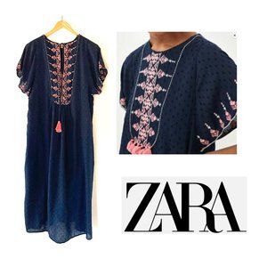 Zara Midi Dress, Navy Swiss Dot with Embroidery, Sz S